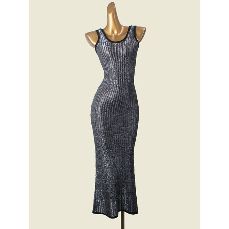 Water Hairtail Beautiful Gold and Silver Silk Knitting Long Dress Foreign Trade Original Order Fashion Sleeveless Color Matching Sheath Fishtail Dress