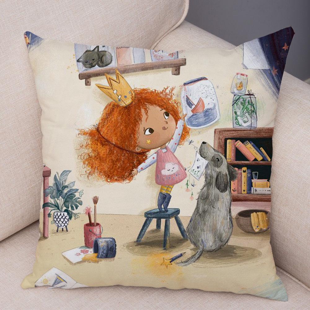 Super Soft Plush Pillow Case for Sofa Home Watercolor Cartoon Girl Cushion Cover Decor Fairy Tale World Lovely Child Pillowcase