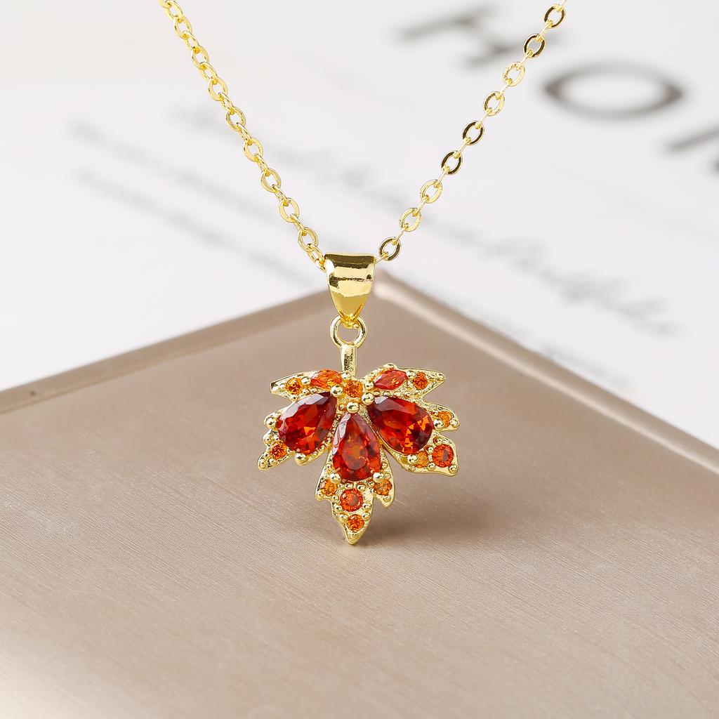 New Arrival Gold Plated Maple Leaf Necklace Colorful Zircon Delicate Leaf Pendant Necklace for Women Party Daily Zircon Gift