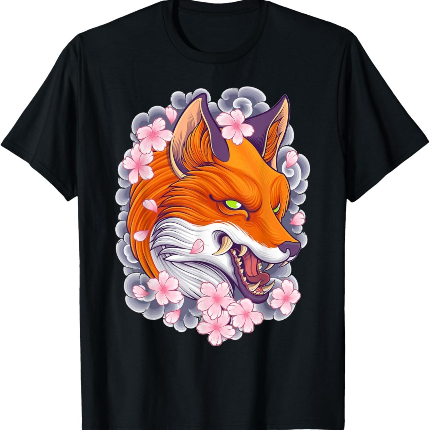 Kitsune Nine Tailed Fox  Pink Sakura Cherry Blossom T-Shirt S чёрный