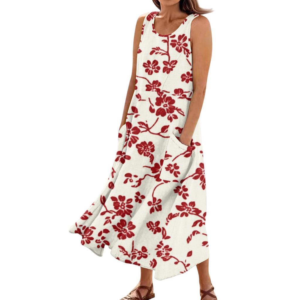 Women's Summer Casual Fashion Flower Printed Sleeveless Pocket Dress
