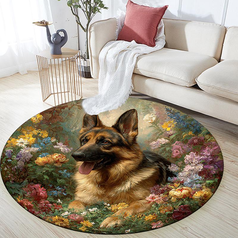 German Shepherd Round Area Rug,Carpet Rug for Living Room Bedroom Sofa Playroom Decor,Non-slip Floor Mat