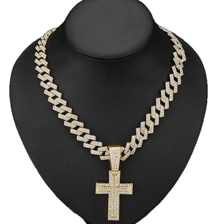 Hip Hop Alloy Full Diamond Cross Pendant Fashion Trend Rap Men's Cuban Chain Necklace Jewelry