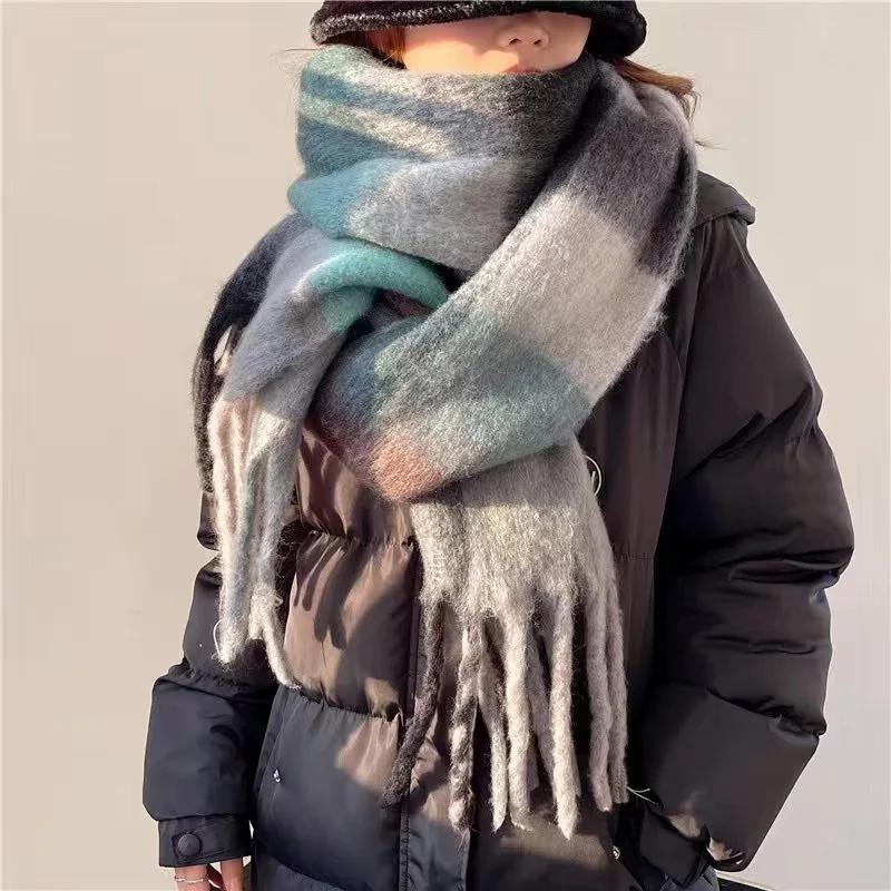Winter Thick Warm Scarf Women Cashmere Shawl and Wraps Pashmina Neckerchief Bufanda Female Rainbow Hairy Tessel Echarpe New