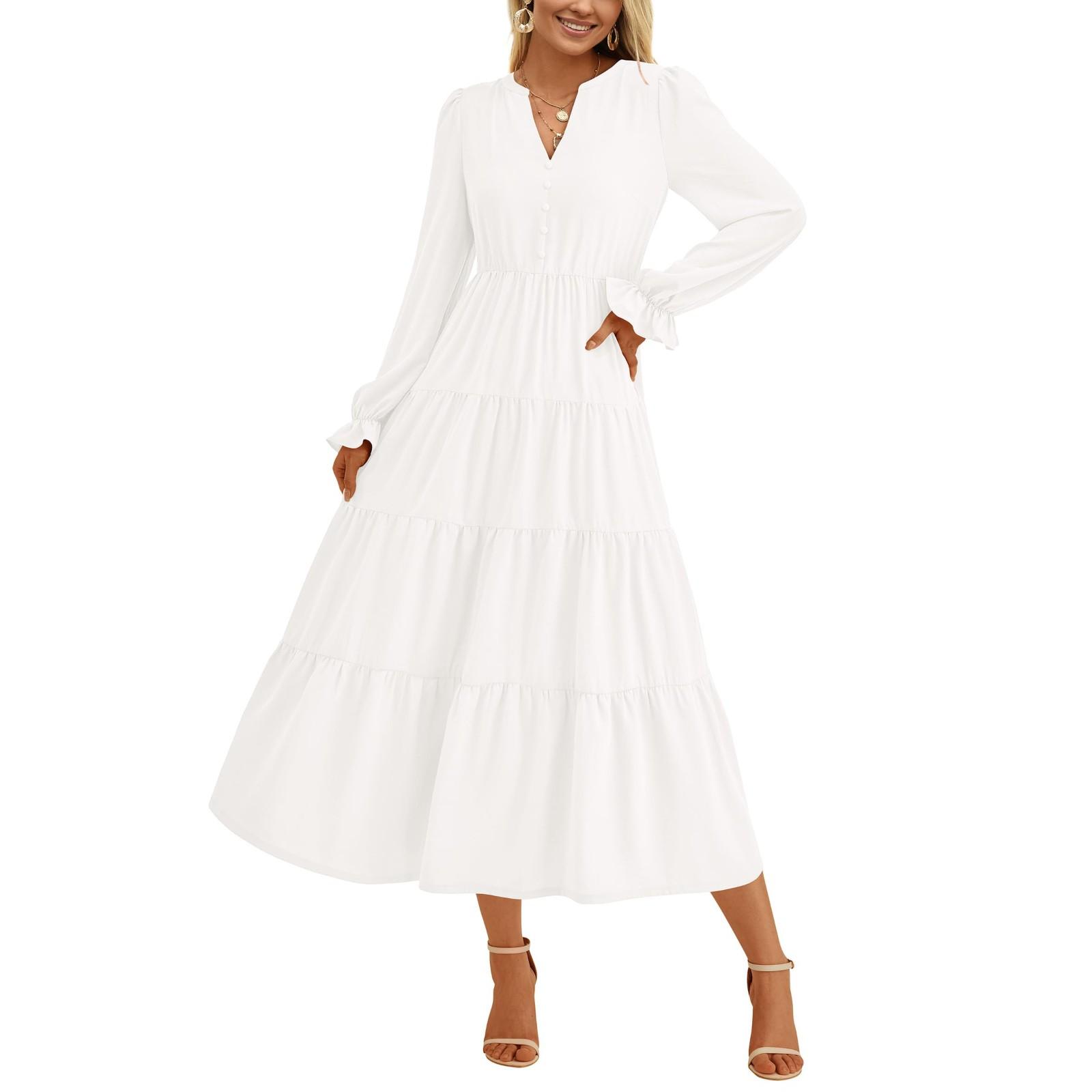 

Женские модные повседневные платья с V-образным вырезом, многослойными оборками, пуговицами и длинными рукавами XL белый