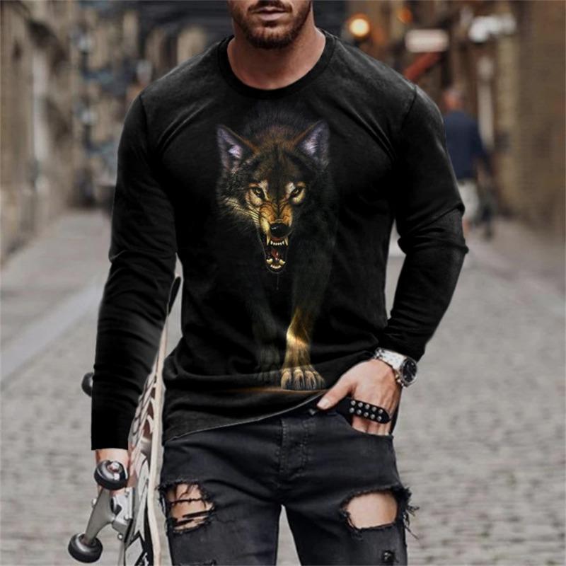 Funny 3D Lion Printed Long Sleeve T-shirt Fashion Animal Pattern Men's Tops Casual O-neck Oversized Pullover Autumn Men Clothing