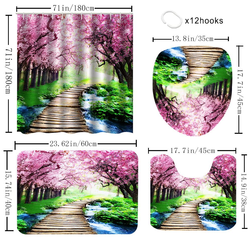 1/4 Cherry Tree Shower Curtains, Toilet Seat Decoration, Shower Curtain With Carpet And Toilet Lid, 12 70.8X70.8 Inch Hooks