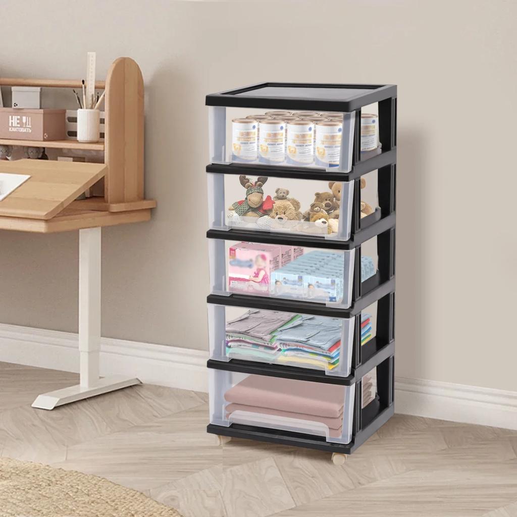 Plastic Rolling Cart, 5 Drawers Storage Cabinet w/ Wheels, Clear Drawer Storage Organizer for Home Office