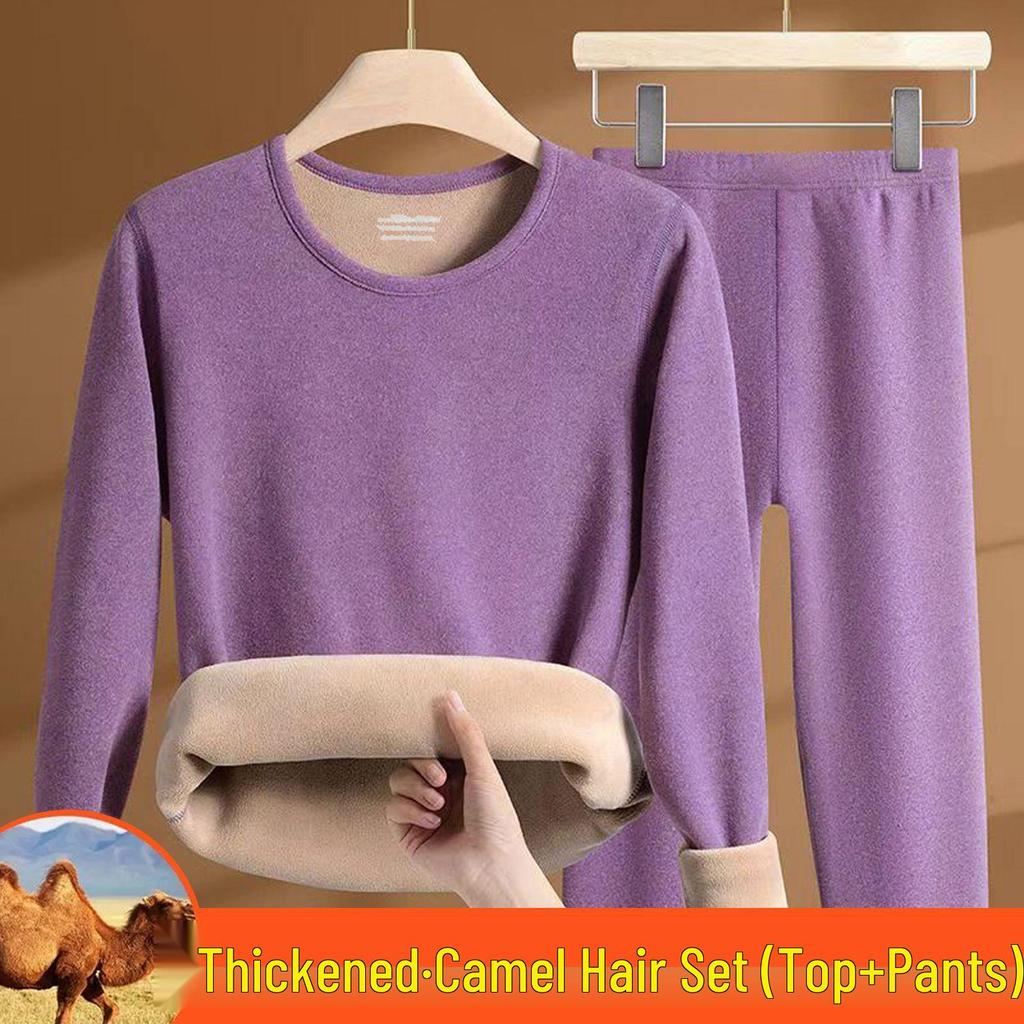 Women's Camel Hair Thermal Underwear Set: Thickened Autumn/Winter, Round or Half High Neck, Super Thick and Warm.