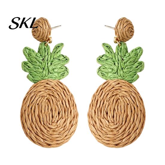 Three-dimensional Pineapple Earrings 1 Pair Handmade Raffia for Women, Boho Straw Hand-Woven Summer Beach Skirt Jewelry Dangle Earrings, Natural
