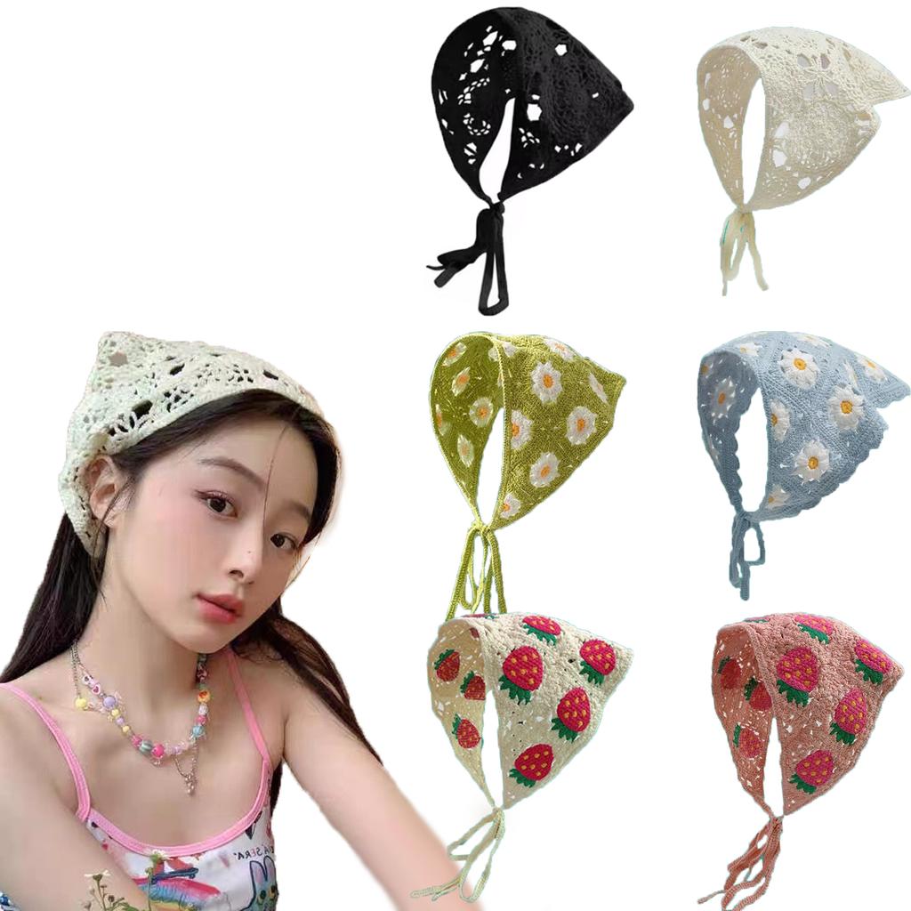 Koreanische Blumen-Spitzen-Bandanas Stirnband Mädchen Atmungsaktives Aushöhlen Haarschal für Frauen Handgefertigt Gestricktes Kopftuch Hut Accessoires