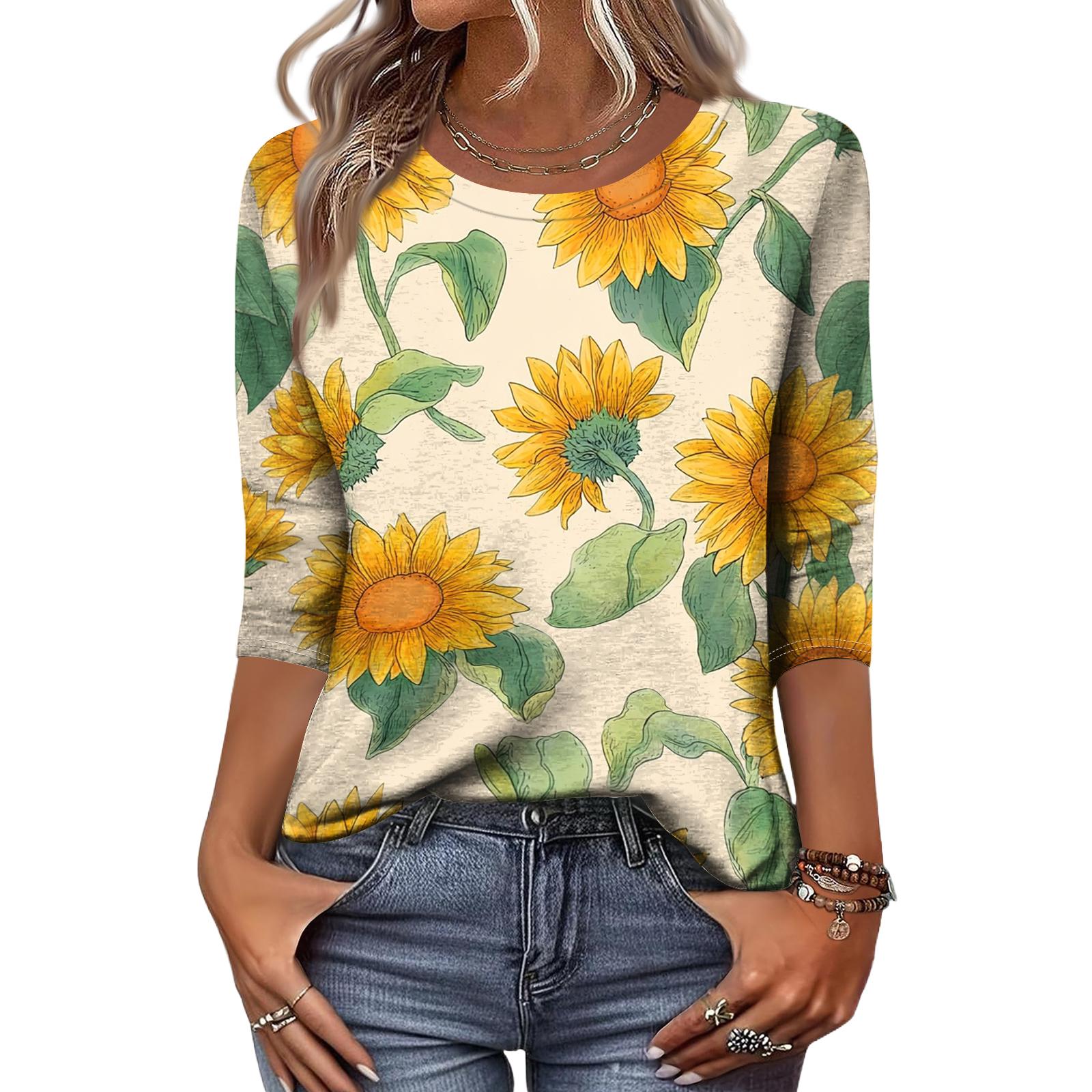 

Women s Fashion Casual Round Neck 3/4 Sleeve Loose Printed T-Shirt Ladies Top L