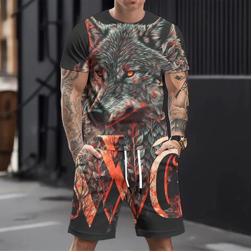 Men's Casual Sports Suit Printed 3D Fierce Wolf Pattern Oversized Loose Men's Top Y2K Style Suit Summer Casual Breathable Suit