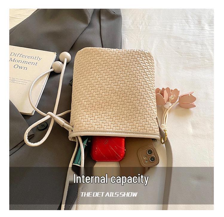 2026 Summer Women's Fashion Single Shoulder Crossbody Bucket Bag - PU Woven Texture, Phone Holder, Ideal for Vacation