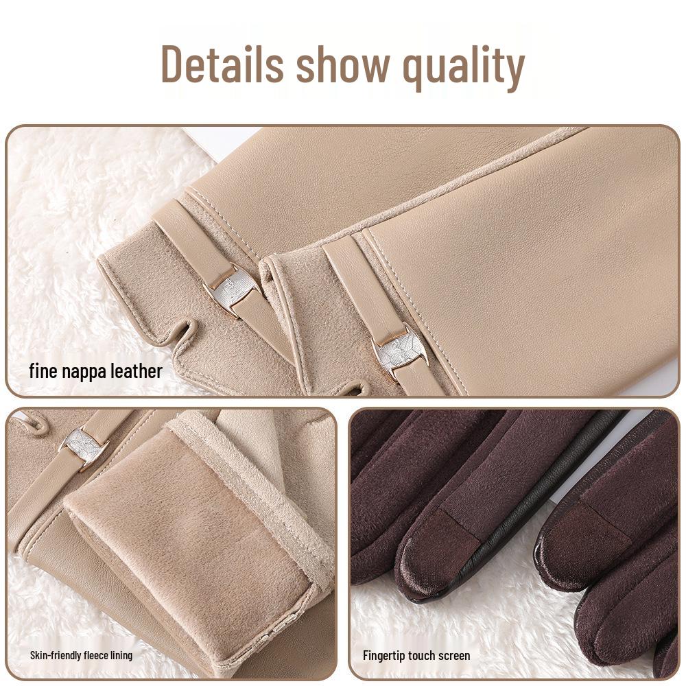 Women's Cute Windproof PU Leather Gloves: Winter Cycling, Driving & Touchscreen Compatible with Thick Velvet Lining