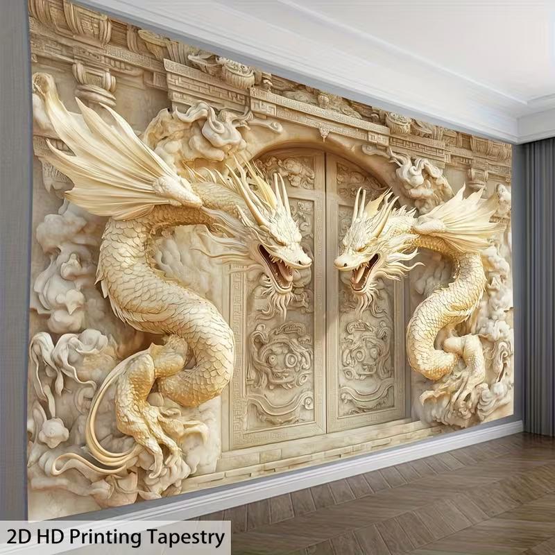 2D Traditional Chinese Dragon Tapestry, Twin Dragons Palace Gate Wall Decor for Home