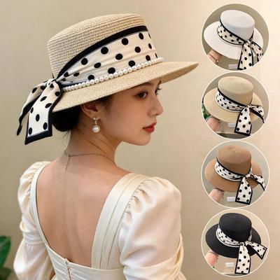 Elegant Lady Cowboy Straw Hat with Polka Dot Ribbon and Wide Brim for Women