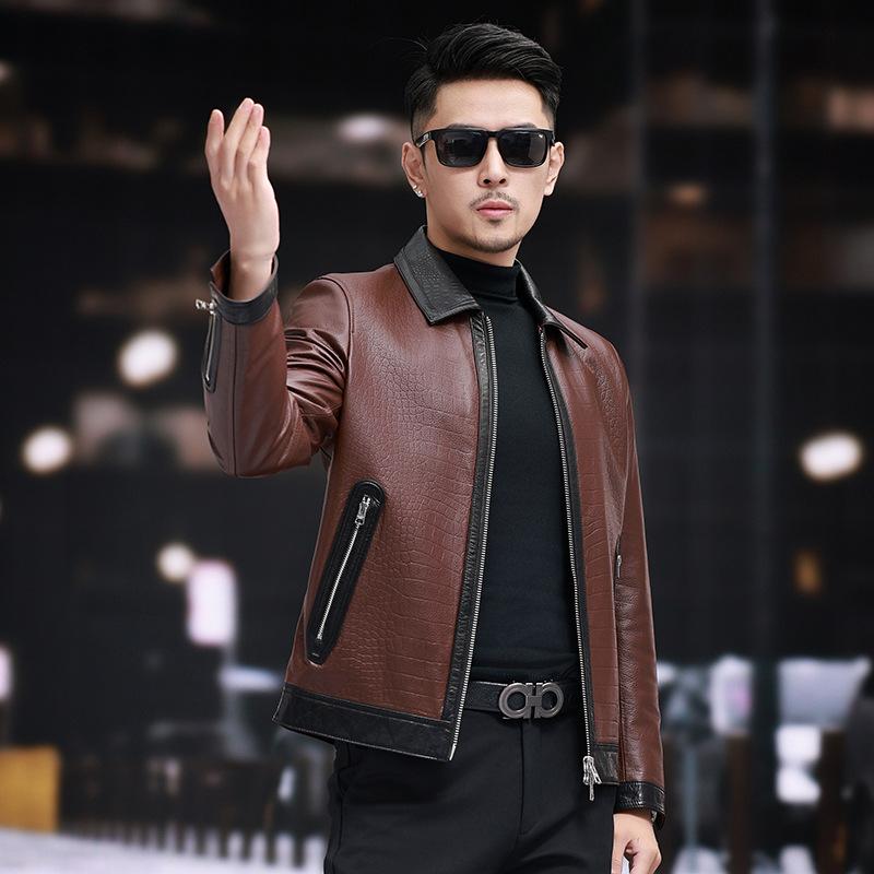 Autumn and Winter New Men's Leather Jackets, Fashionable High-end Crocodile Pattern Lapels, First-layer Cowhide Contrasting Color Jackets