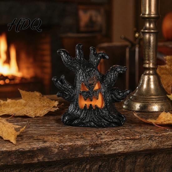 Three-dimensional Halloween Ornament Decoration, Ghost Face Tree Stump Lantern, LED Resin Spooky Decor Glowing Pumpkin Decor, Festival Atmosphere