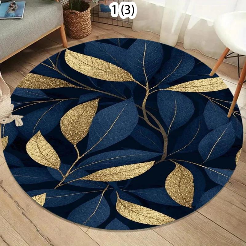 Round Decorative Bath Mat Navy Blue Tropical Feather Design Soft Absorbent Bathroom Rug for Home Decor