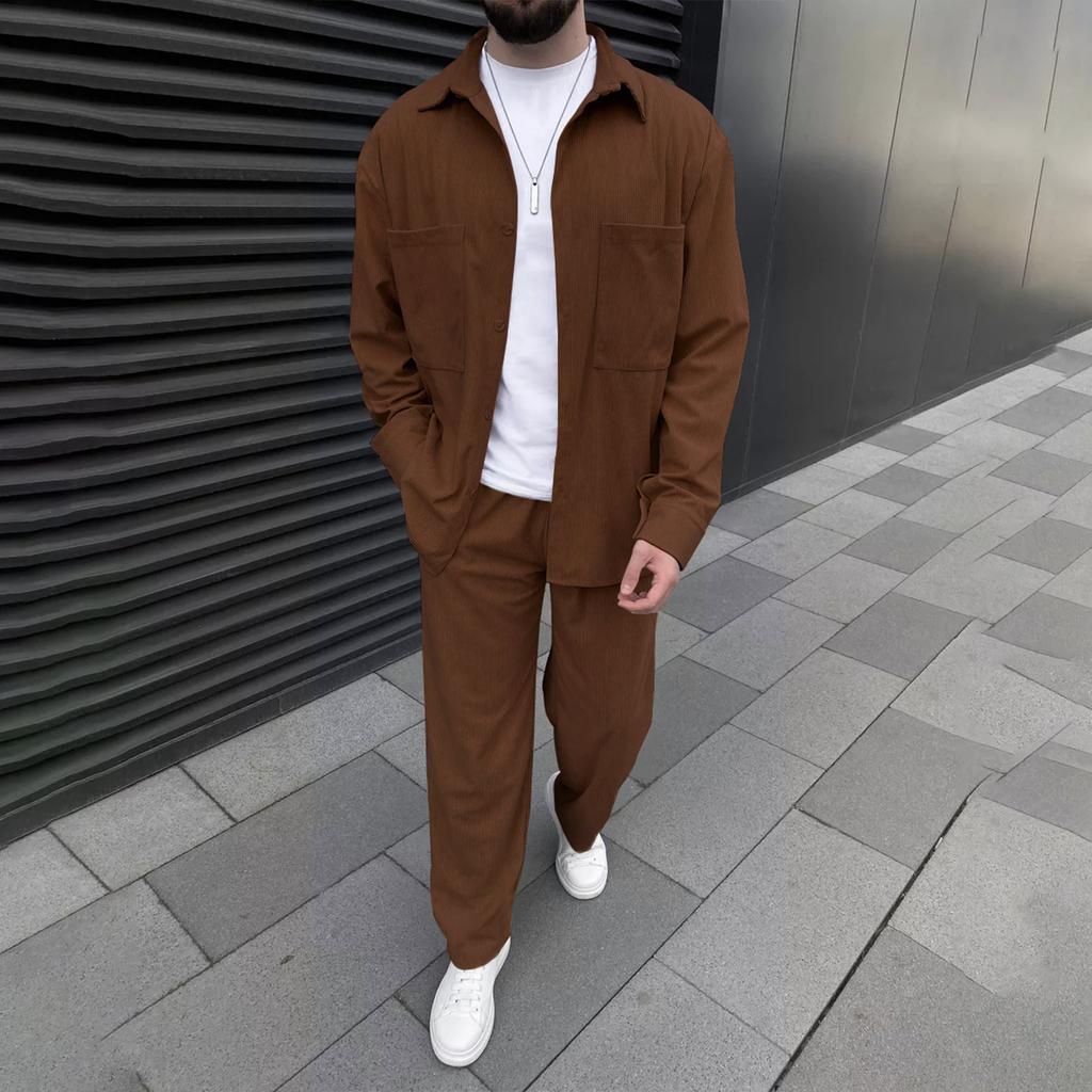 Men's Solid Color Button Double Pocket Long Sleeve Jacket Casual Trousers Two Piece Suit