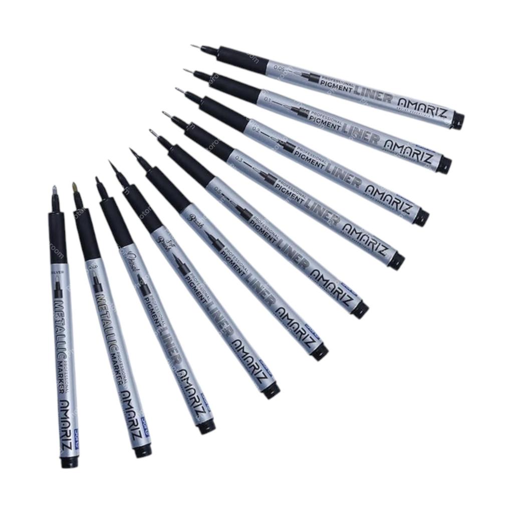 AMARIZ Doms Pigment Fine Point Liner Marker Set 10 Black Precision Drawing Pens For Art Office Home School Sketch Use