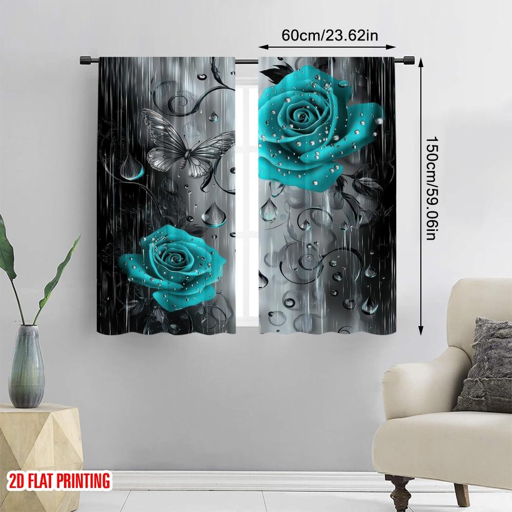 2D Flat Printing 2pcs Window Drapes Turquoise Floral Raindrops Versatile Durable Polyester,Without Electricity Family Party