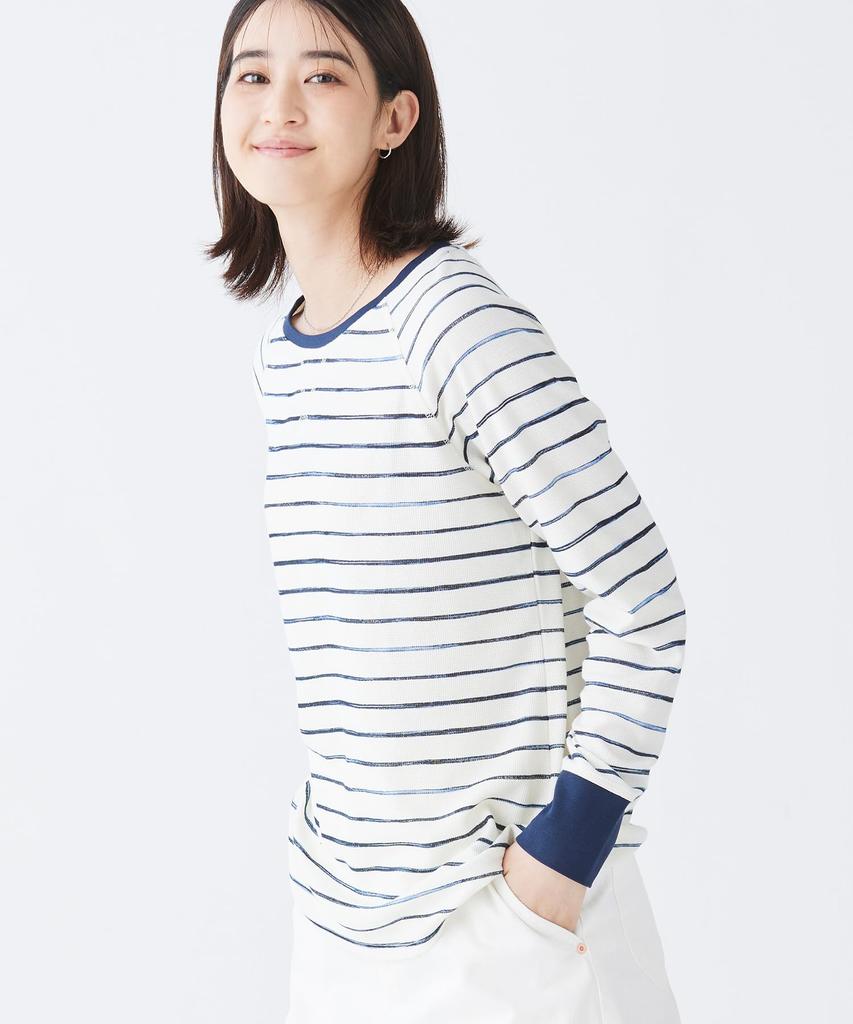 LL Bean Unshrunkable Mini Waffle Long Sleeve Crew US Size Sailcloth Painterly 1000191681 Women's Tee, Neck, Striped, Fit, Petite, M, Stripe, White,