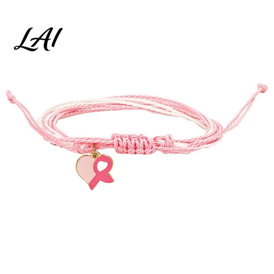 Handwoven Rope Wristband Breast Cancer Awareness Bracelet for Women Adjustable Woven String with Commemorative Charity Event Accessories Ribbon