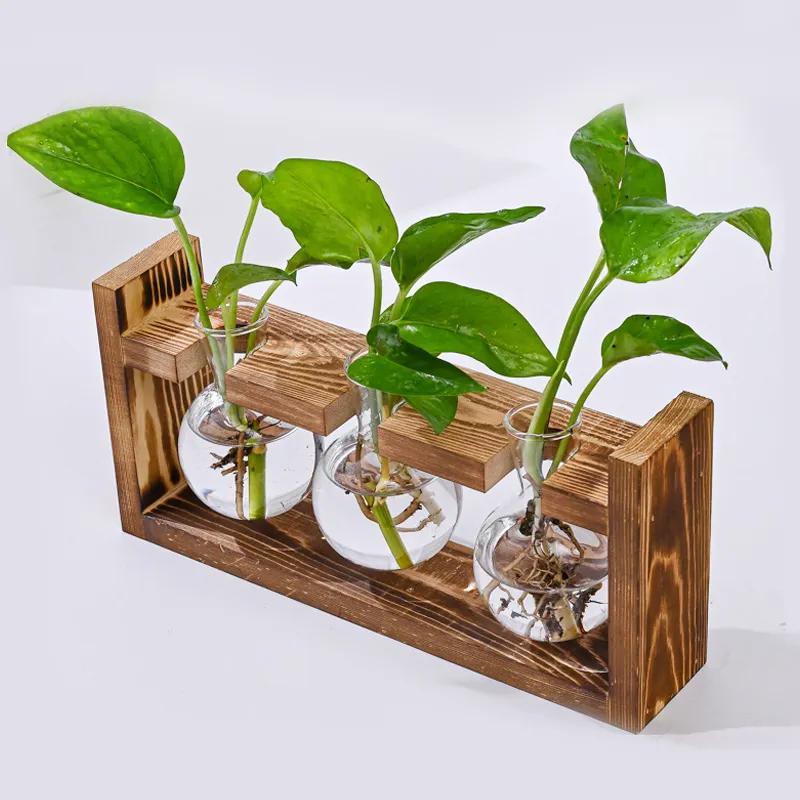 Creative Wooden Frame Hydroponic Small Vase Green Ivy Plant Glass Bottle Container Home Living Room Office Desk Decoration YLE53
