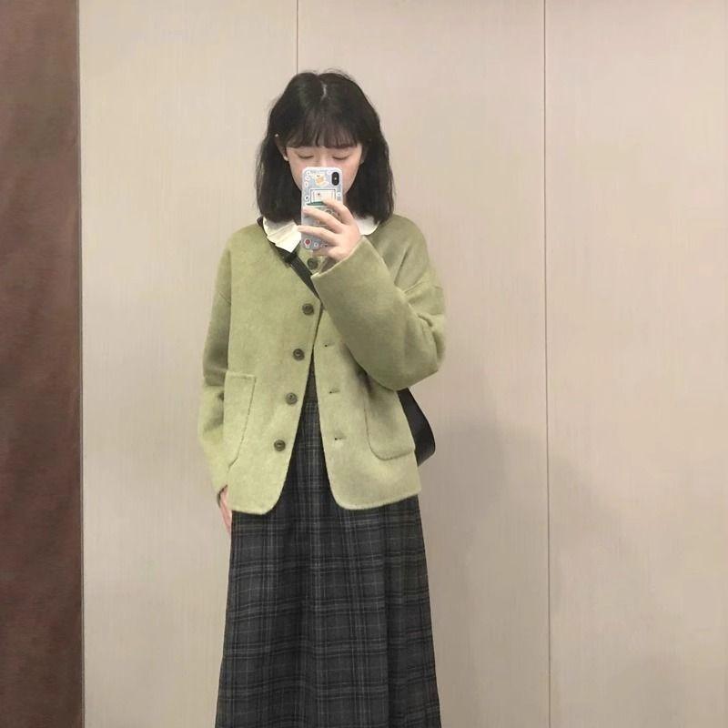 

Women s Green Wool Coat - 2026 New Autumn/Winter Petite Korean Style Thickened Outerwear Large