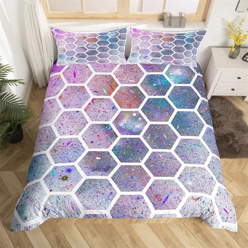 Marble Duvet Cover Set Microfiber Geometric Hexagone Quilt Cover Honeycomb Bedding Set Single King Queen For Kids Teens Adults