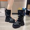Botas Plataforma de Salto Grosso Estilo Britânico Feminino, Botins Martin Meia-Canela Retrô Outono 2024