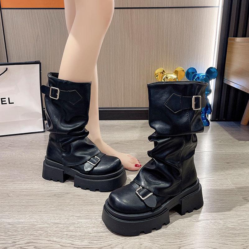 Botas Plataforma de Salto Grosso Estilo Britânico Feminino, Botins Martin Meia-Canela Retrô Outono 2024