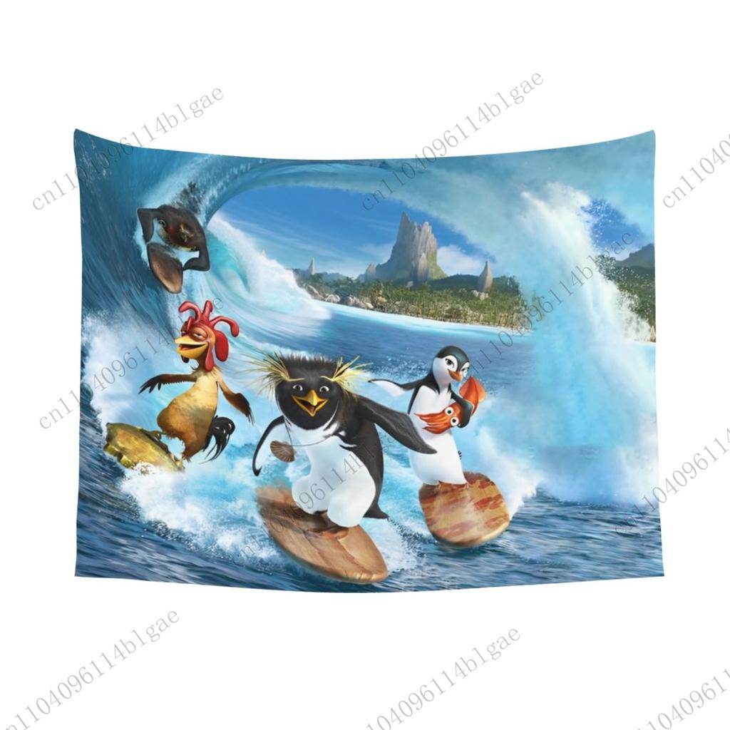 Cartoon Chicken Joe & Penguin Beach Scene Dorm Wall Hanging Tapestry Room Embellishment Surf's Up Element Wall Decor Banner