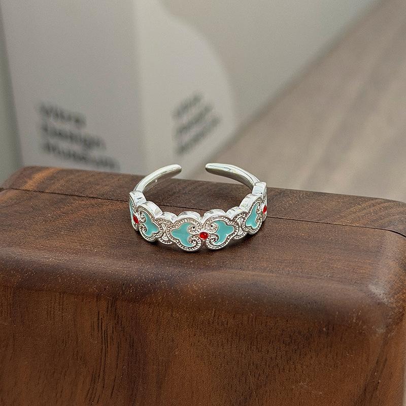 Niche High-End Sweet Sister Country Tide Style Colored Enamel Flower Retro Pattern Open Ring Stacked With Personalized Ring