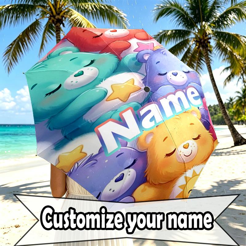 Custom Name Personalized Care Bears Print Umbrella, Auto Open Close, 8‑Rib Sturdy Frame, Commute Camping Hiking Use, Birthday Gift