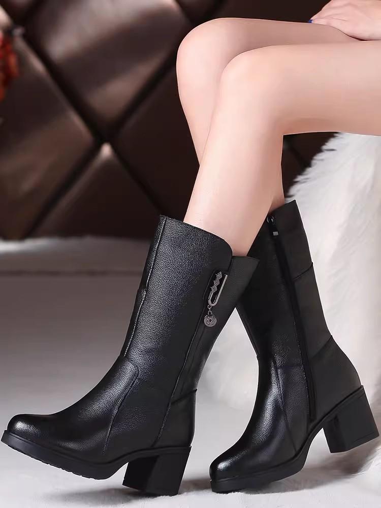 Fashion GKTINOO Women Ladies Female Mother Genuine Leather Mid Calf Boots Shoes Winter Plush Fur Warm Botas Zipper Plus Size Non-Slip