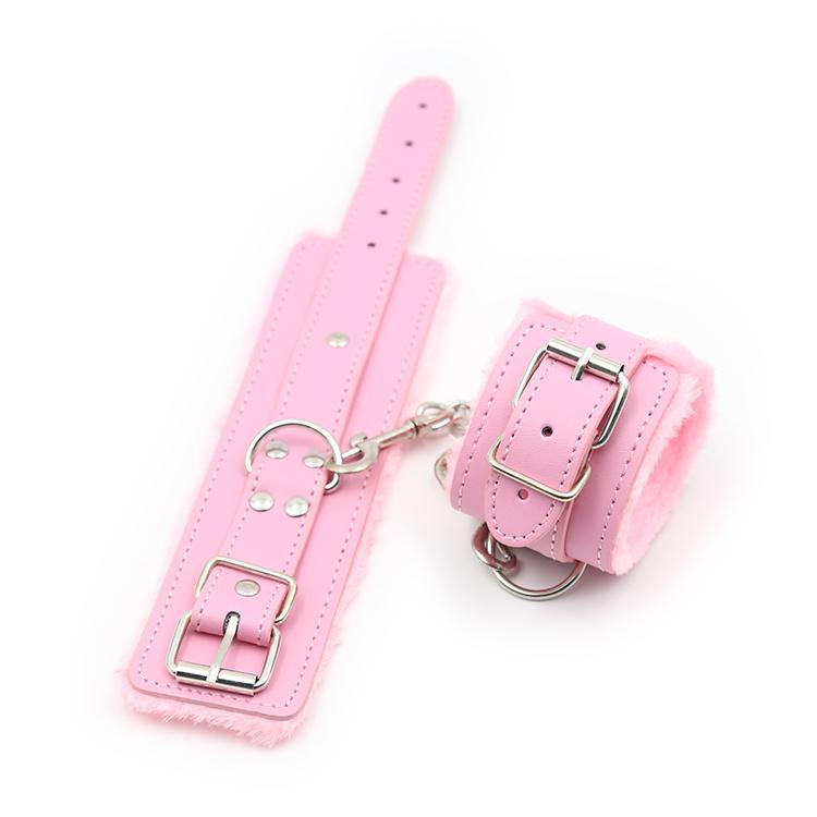 BDSM Bondage Adjustable PU Leather Plush Pink Handcuffs Footcuffs Ankle Cuffs Slave Restraints Sex Adult Flirting Toy for