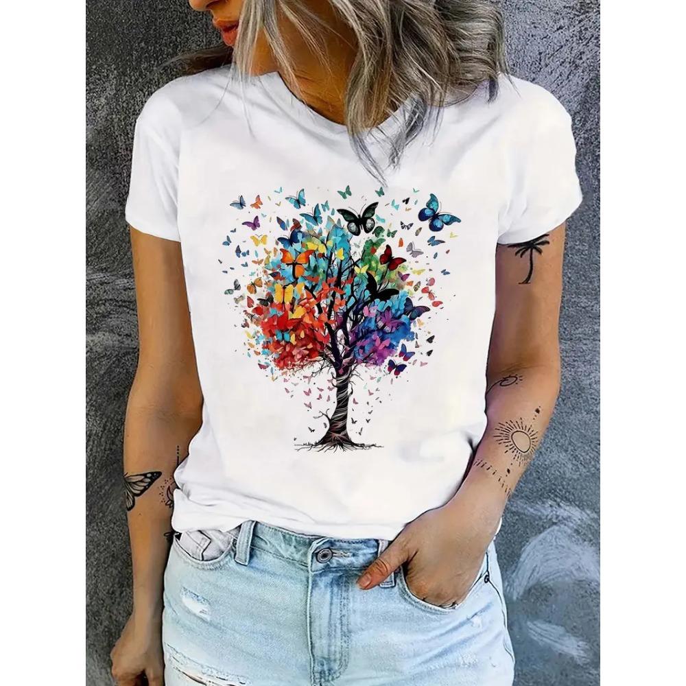 O-neck Butterfly Print Women s Crew Neck T-Shirt  Casual Short Sleeve Letter Print Spring Summer Top Tee T Shirt S