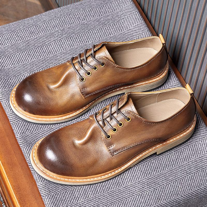 Business Derby Men'S Leather Shoes British Round Head High-End Soft Leather Soft Sole Casual Leather Men'S Shoes