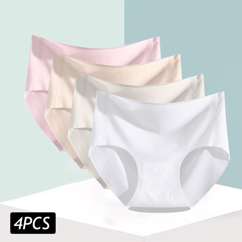 4PCS/Set Women's Ice Silk Seamless Panties Ultra Thin Briefs Breathable Underwear Female High Waist Intimates Lingerie Plus Size