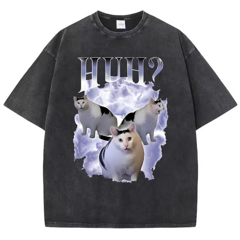 Funny T Shirt Vintage Washed Cotton T-Shirt Cat Saying Huh? Meme Graphic Tee Casual Streetwear for Spring Summer Fall