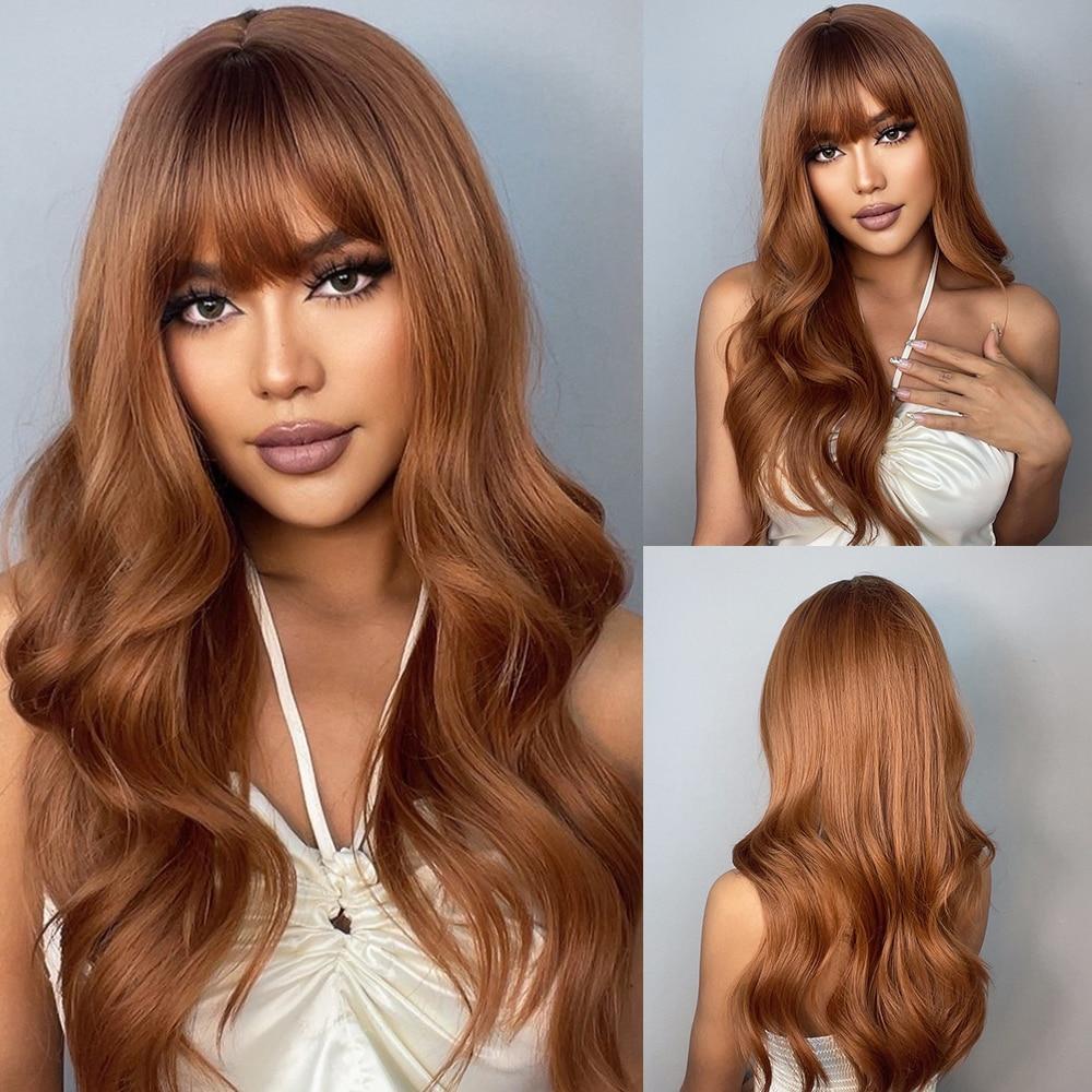 EASIHAIR Long Golden Blonde Ombre Wavy Synthetic Wigs for Women Cute Natural Hair Wigs with Bangs Heat Resistant Wigs Cosplay