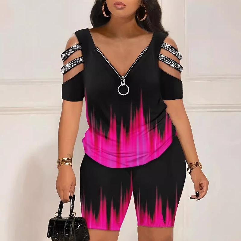 V-neck Zipper Pullover Printed Short-sleeved Fashion Shorts Set