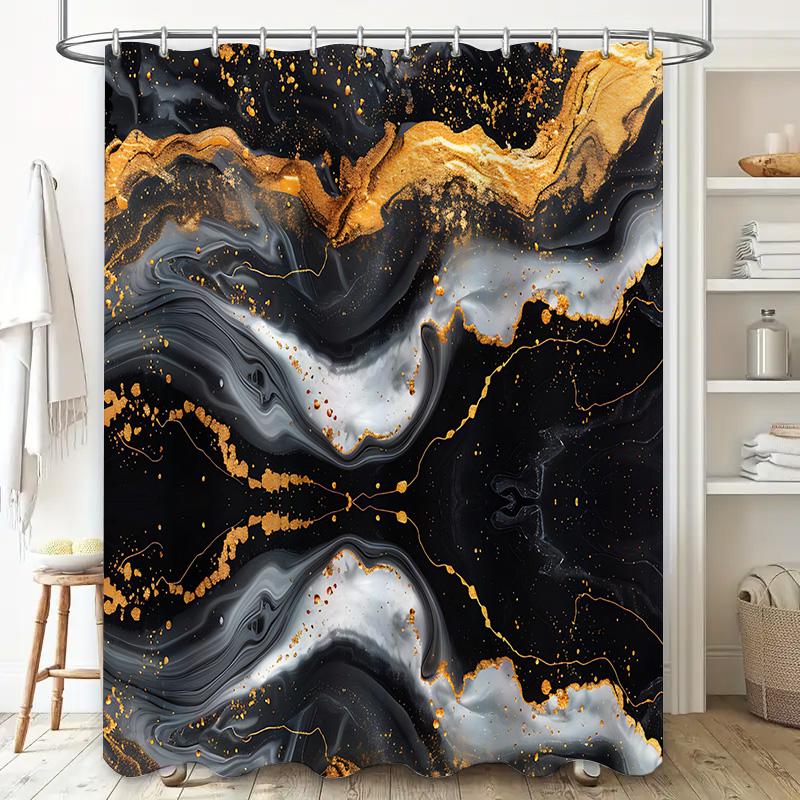 Luxury Marble Print Shower Curtain Set Black Gold Geometric Pattern Bathroom Decor with Rod Pocket for Home Bathing Room (69 x 7