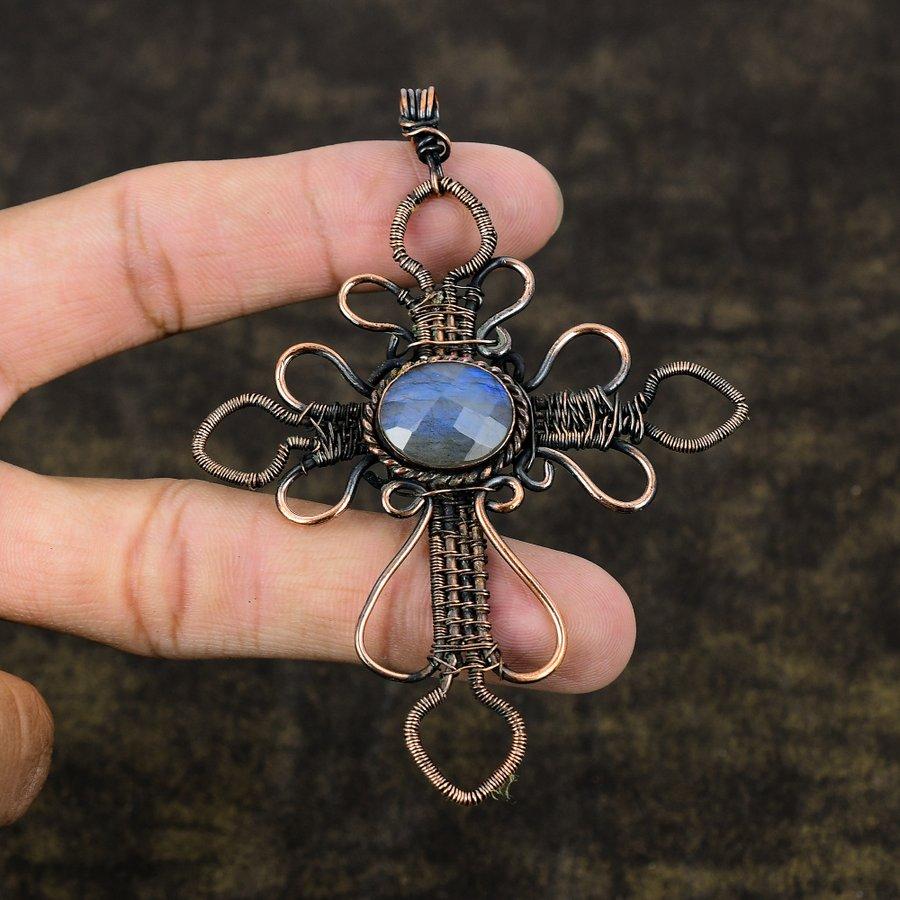 Piedra Preciosa Labradorita Natural Hecho a Mano Envoltura de Alambre de Cobre Colgante 3.59" s3v41