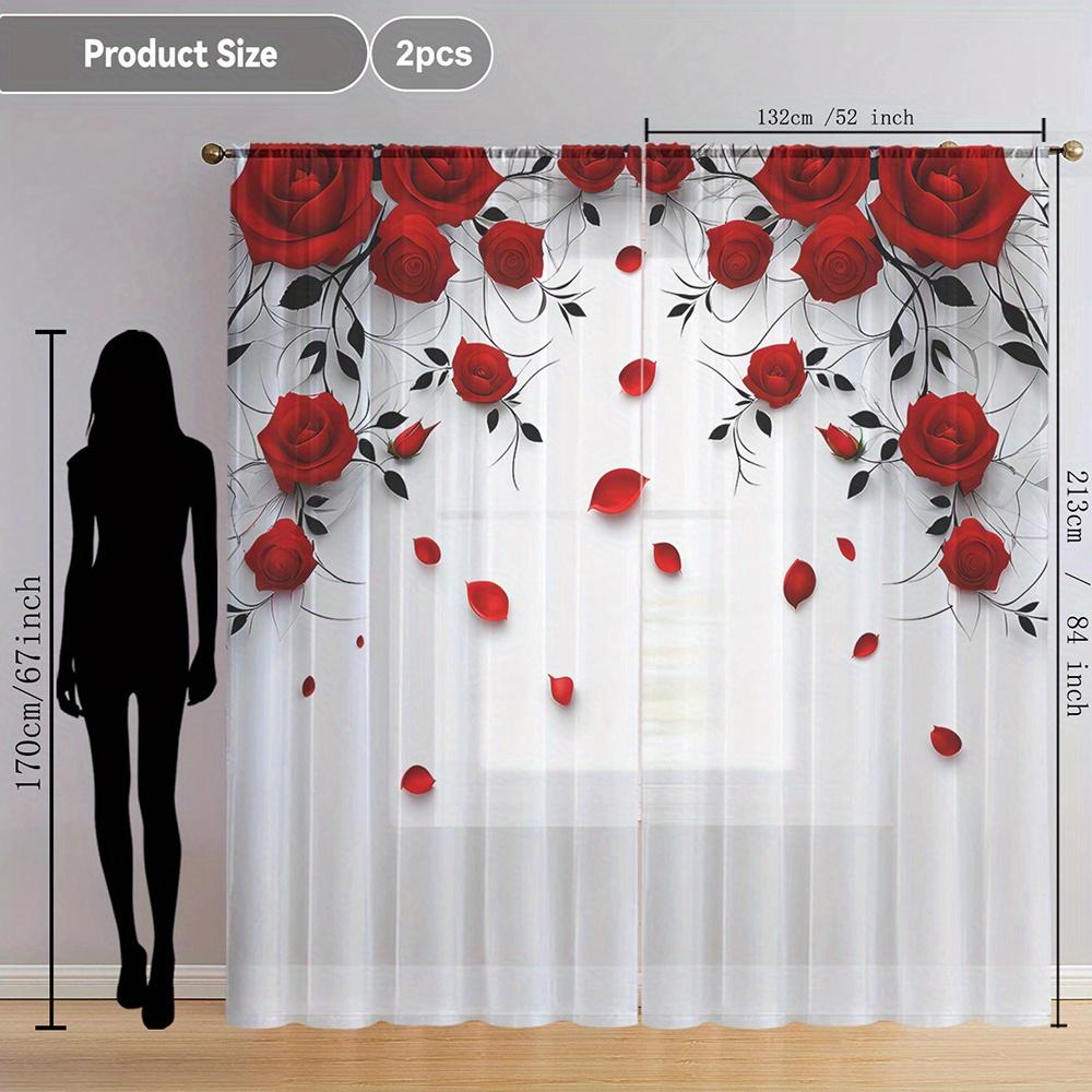 Romantic Red Rose Floral Print Curtain Panel Decorative Waterproof Window Drapes Pair for Living Room Bedroom Home Decor