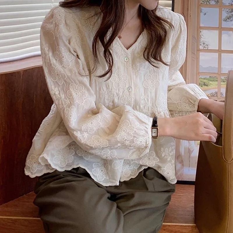Women s Spring Sweet & Fresh V-Neck Top Loose-Fit Slimming Blouse XXS