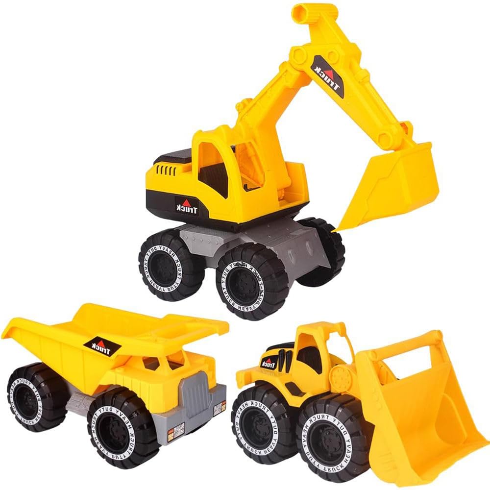 

Set of 3 Excavator and Bulldozer Sand Play Set with Dump Truck and Backpack Toys, (Yellow)